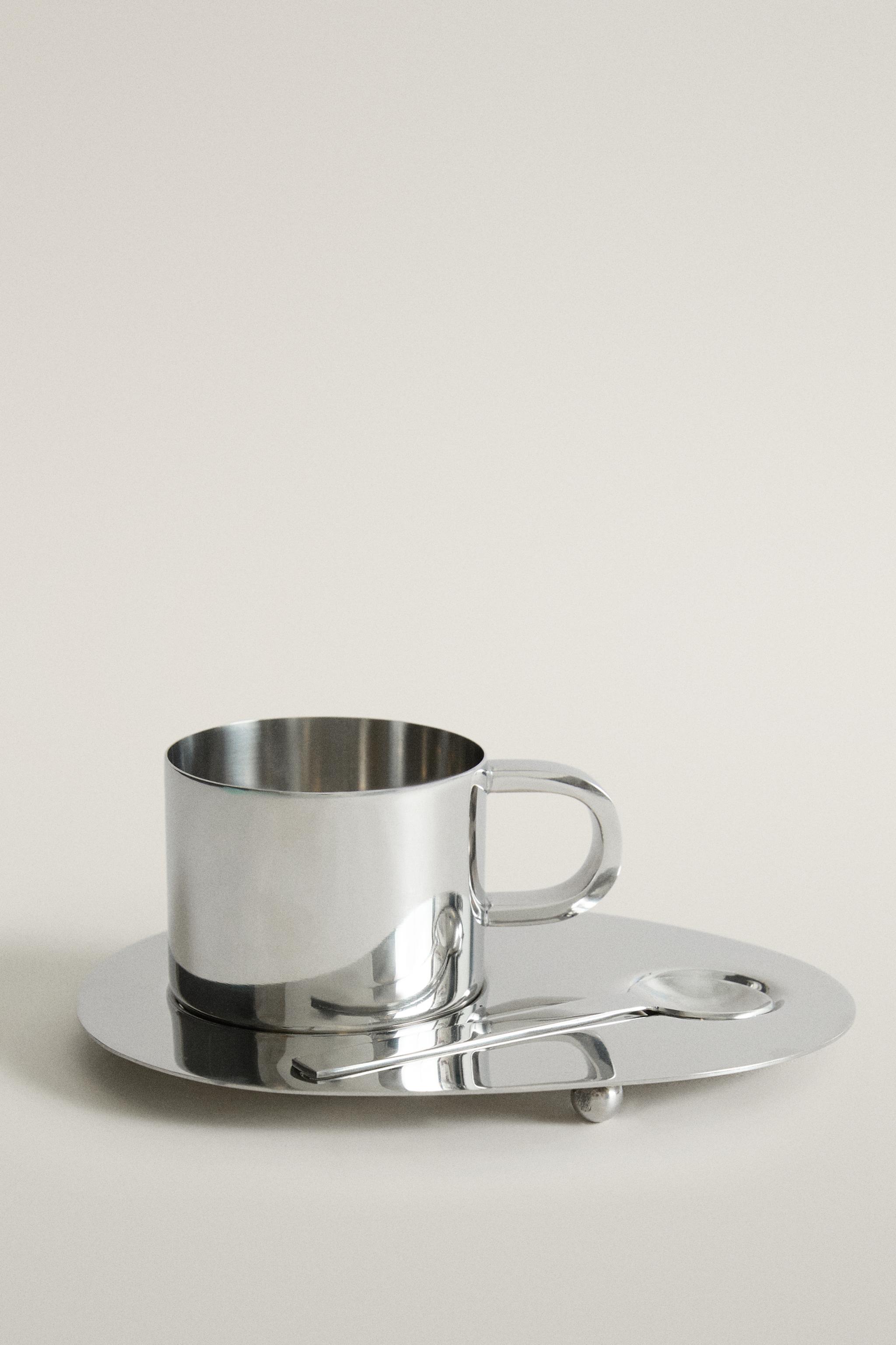 SET TASSE, CUILLÈRE ET PLATEAU ACIER